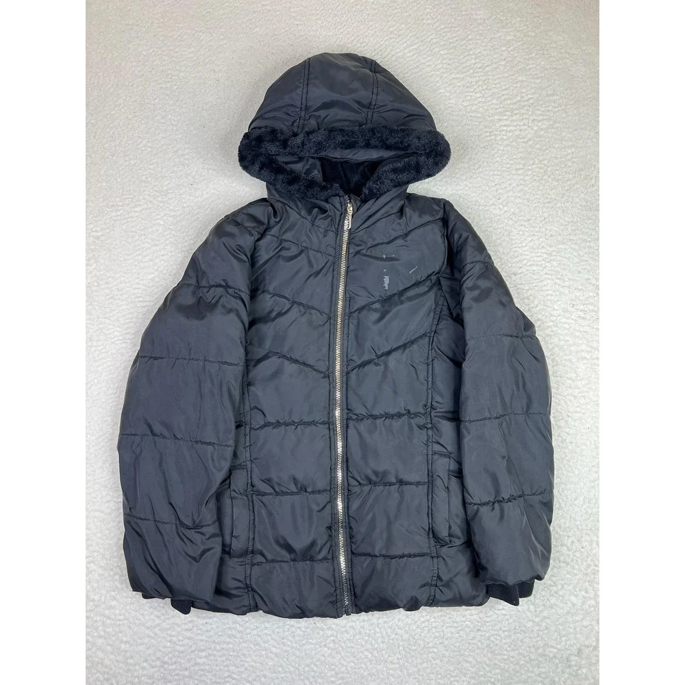 Juicy Couture Jacket‎ Girls 14 Black Hooded Puffer Faux Fur Lined Full Zip